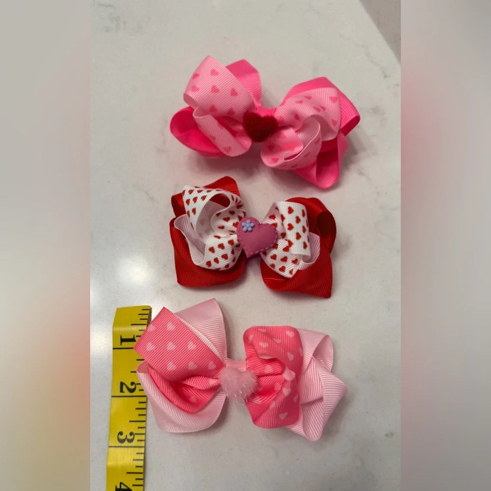 Pink & Red Heart Hair Bows Valentine's Day Hair Bow Set - All 3 Included NWOT
